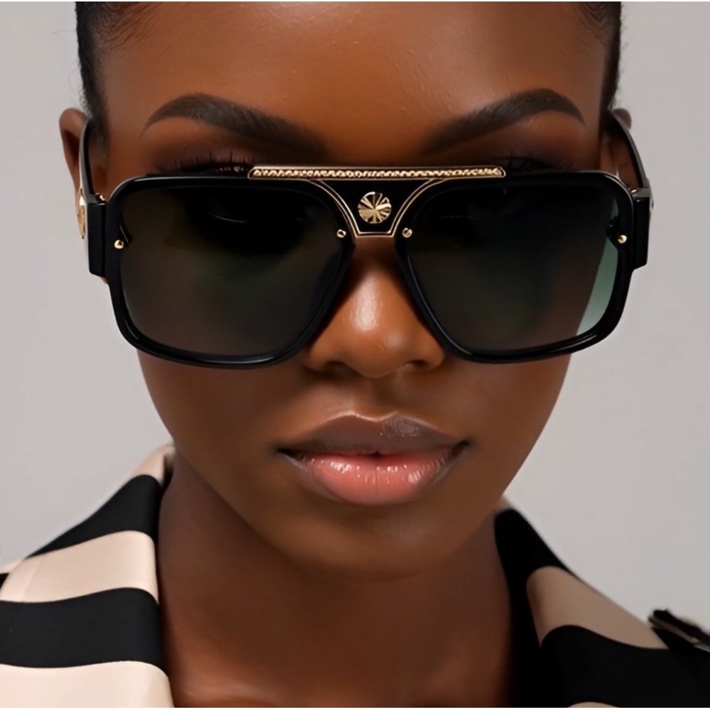 Square Aviator Sunglasses Accents Gold Women Black Frame Fashion Oversized Gafas - Picture 6 of 8